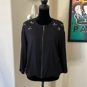 Adorable H&M Black Beaded Shoulder Zip Front Jacket Size 10